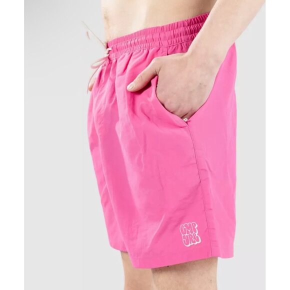 Mens Pink Swim Shorts With Elastic Waist & Drawstring 6.5" Inseam Omkuro Logo Li - Picture 7 of 9